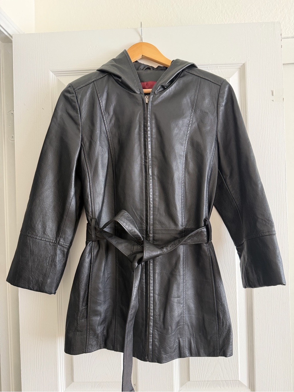 croft & barrow Black Hooded Leather Belted Jacket
